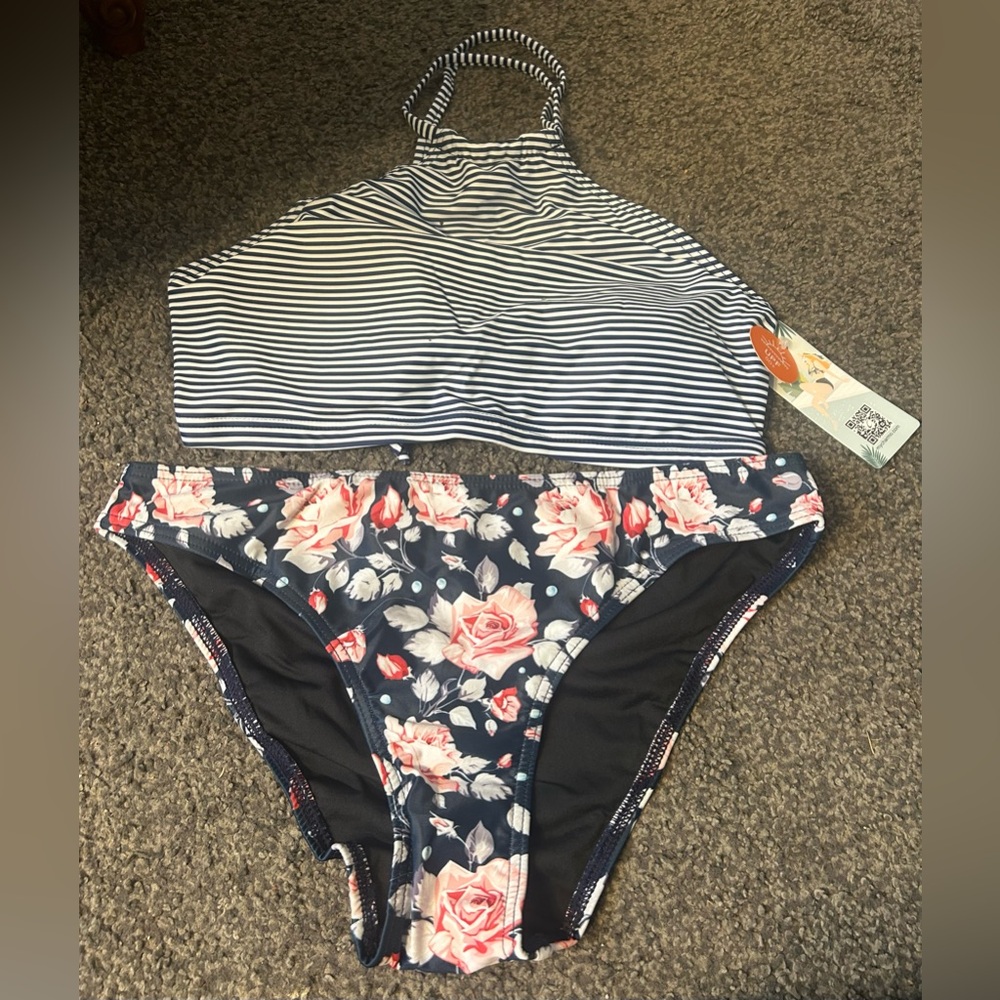 Navy Stripe High Neck Bikini Swimsuit